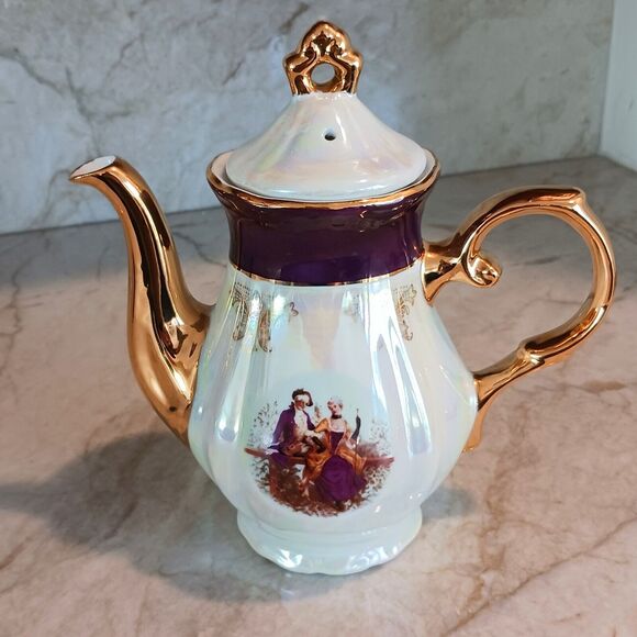 GNA Fine Porcelain 8.5" Tea Pot GOLD Hand Painted Victorian Courtship Iridescent - Picture 13 of 16